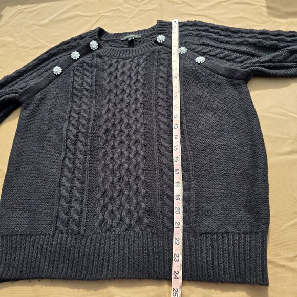 Ann Taylor Black cableknit Sweater with Rhinestone Floral Accent, size L, EUC - Picture 7 of 9